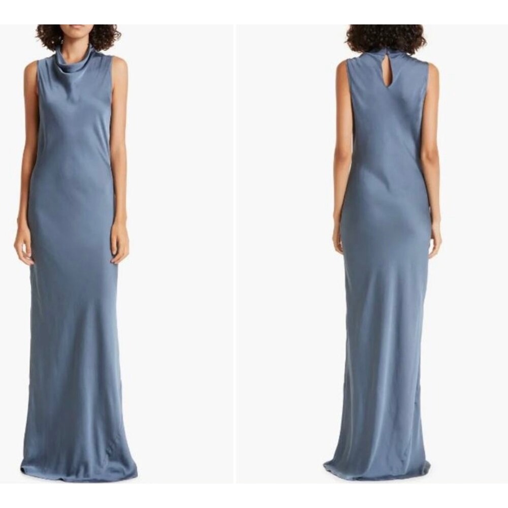 Veronica Beard Kura Cowl Neck Satin Slipdress Maxi Dress Lagoon Blue